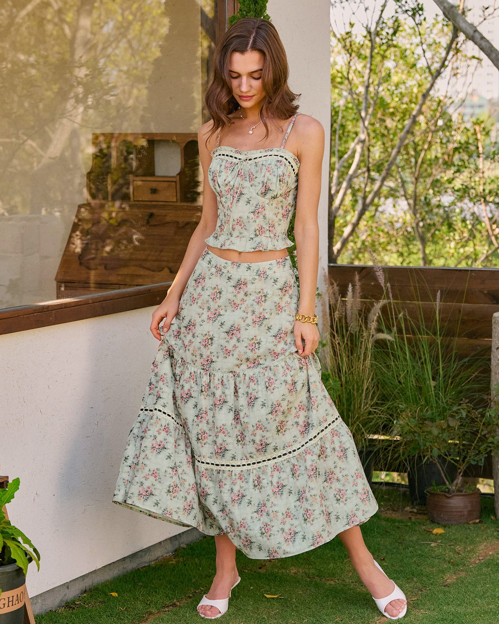 Green Sweetheart Neck Floral Cami Top