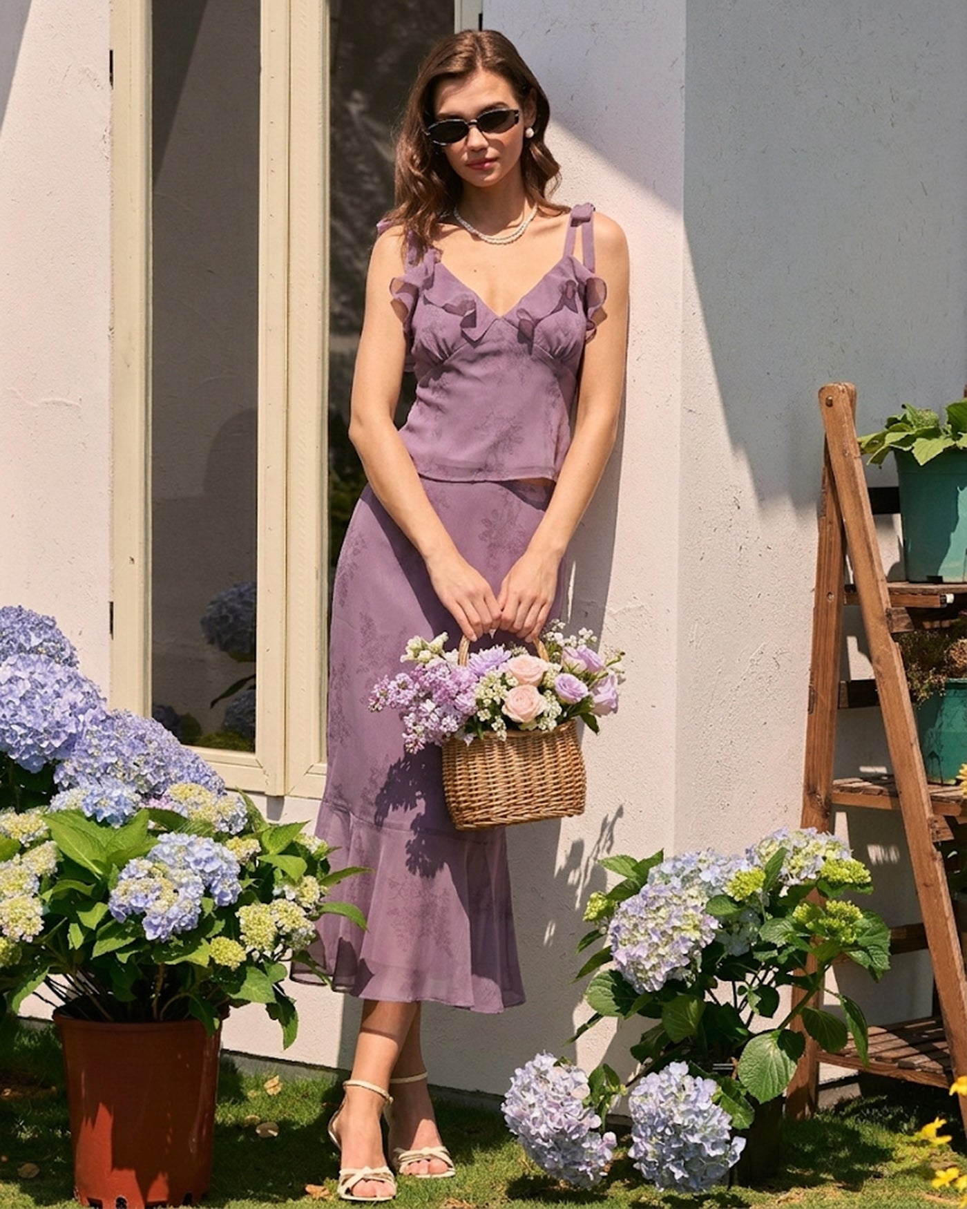 Purple V Neck Floral Ruffle Camis