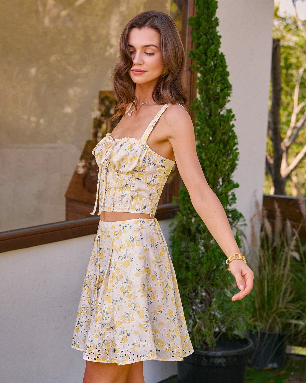 Yellow Sweetheart Neck Embroidery Cami Top