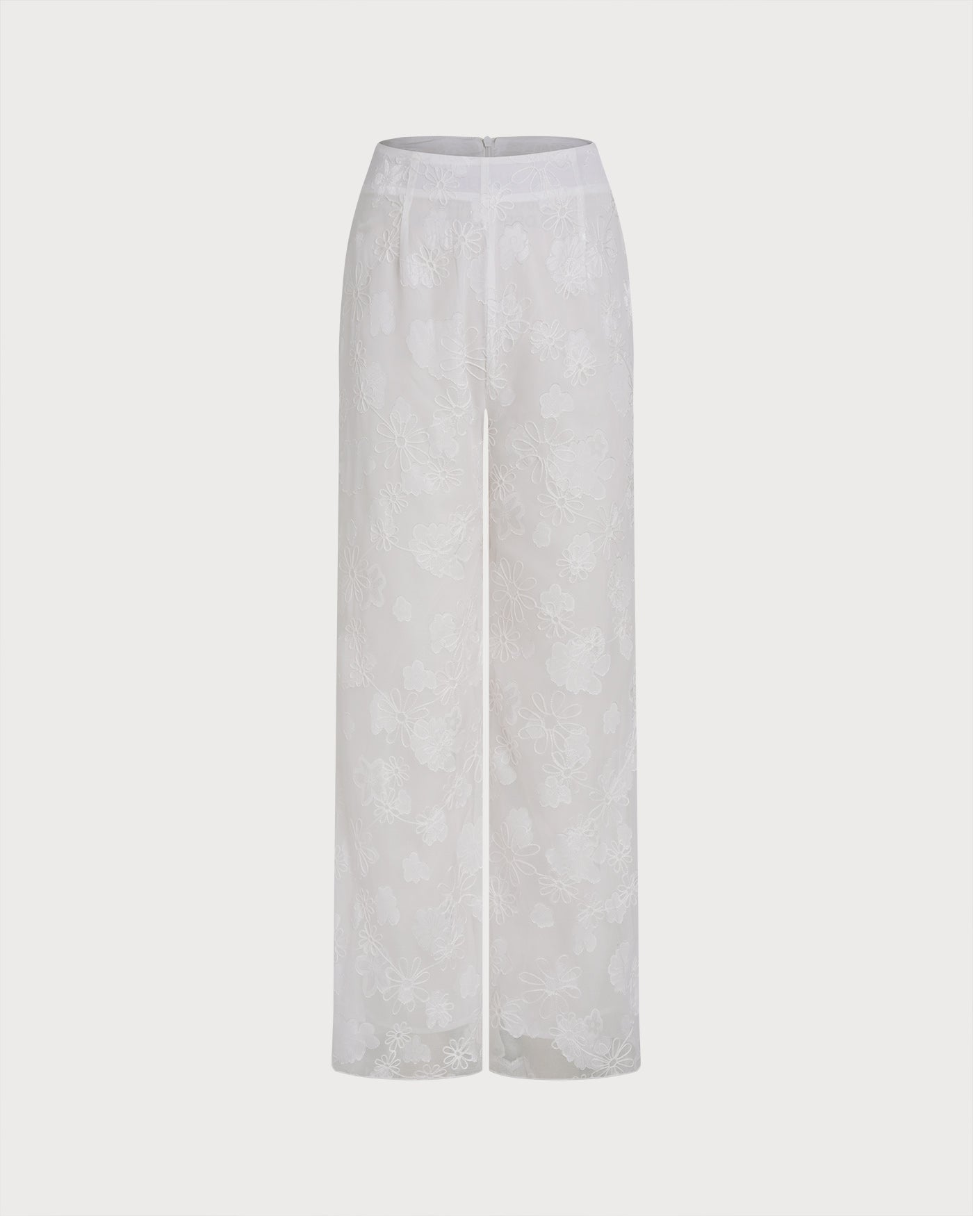 White Floral Textured Elastic Waist Pants