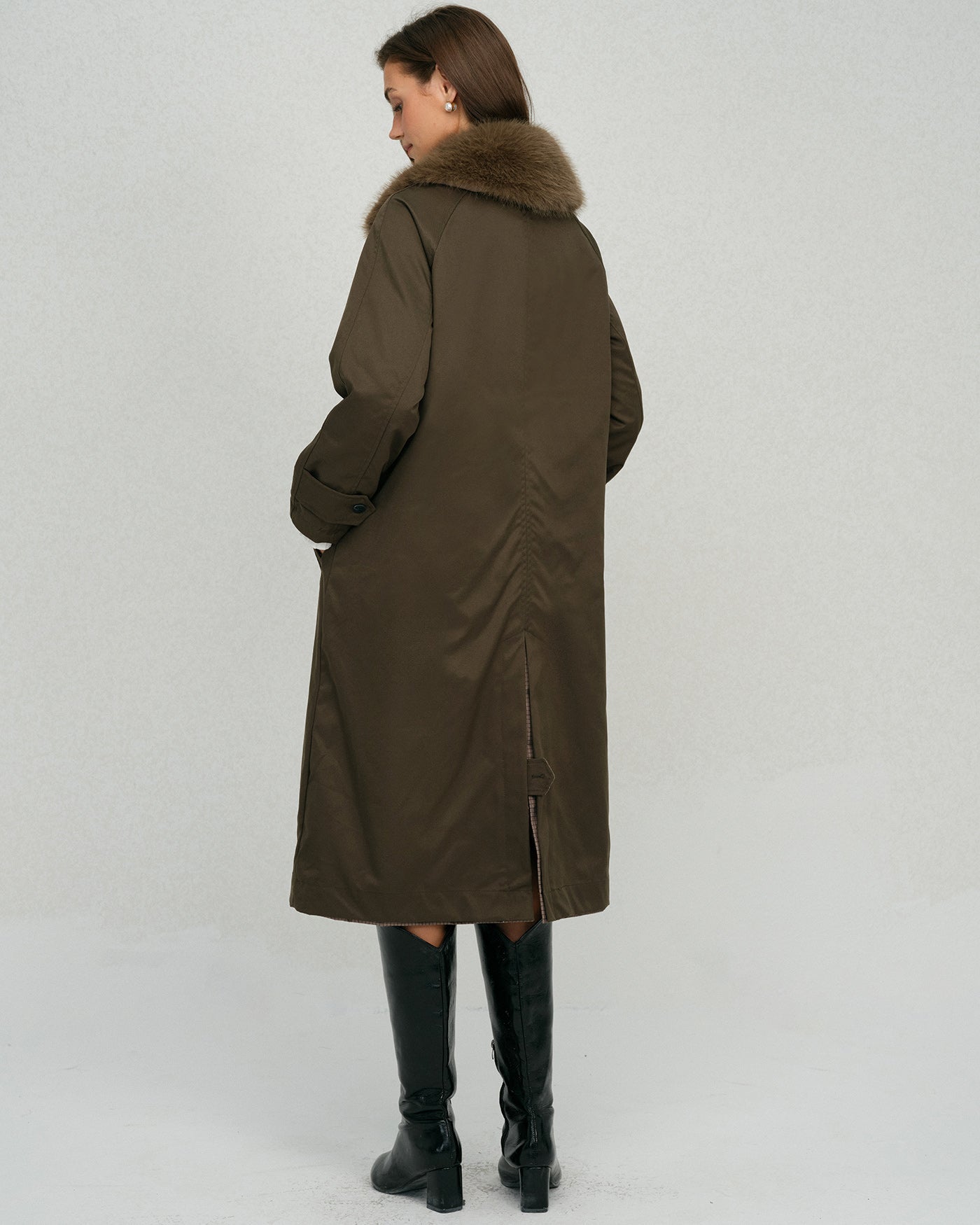 Brown Fur Collar Reverible Long Coat