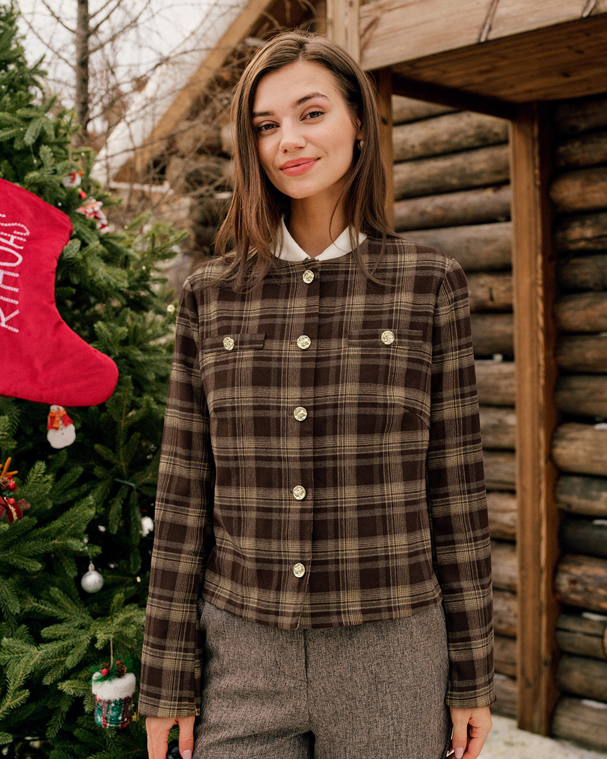 Brown Plaid Single Breasted Jacket