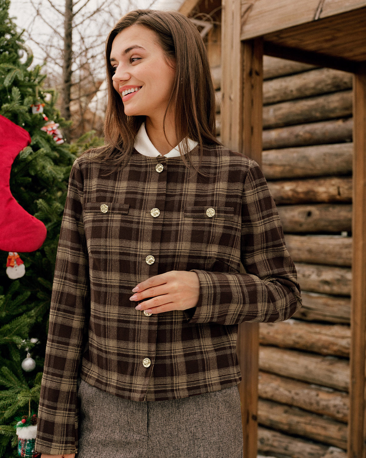 Brown Plaid Single Breasted Jacket