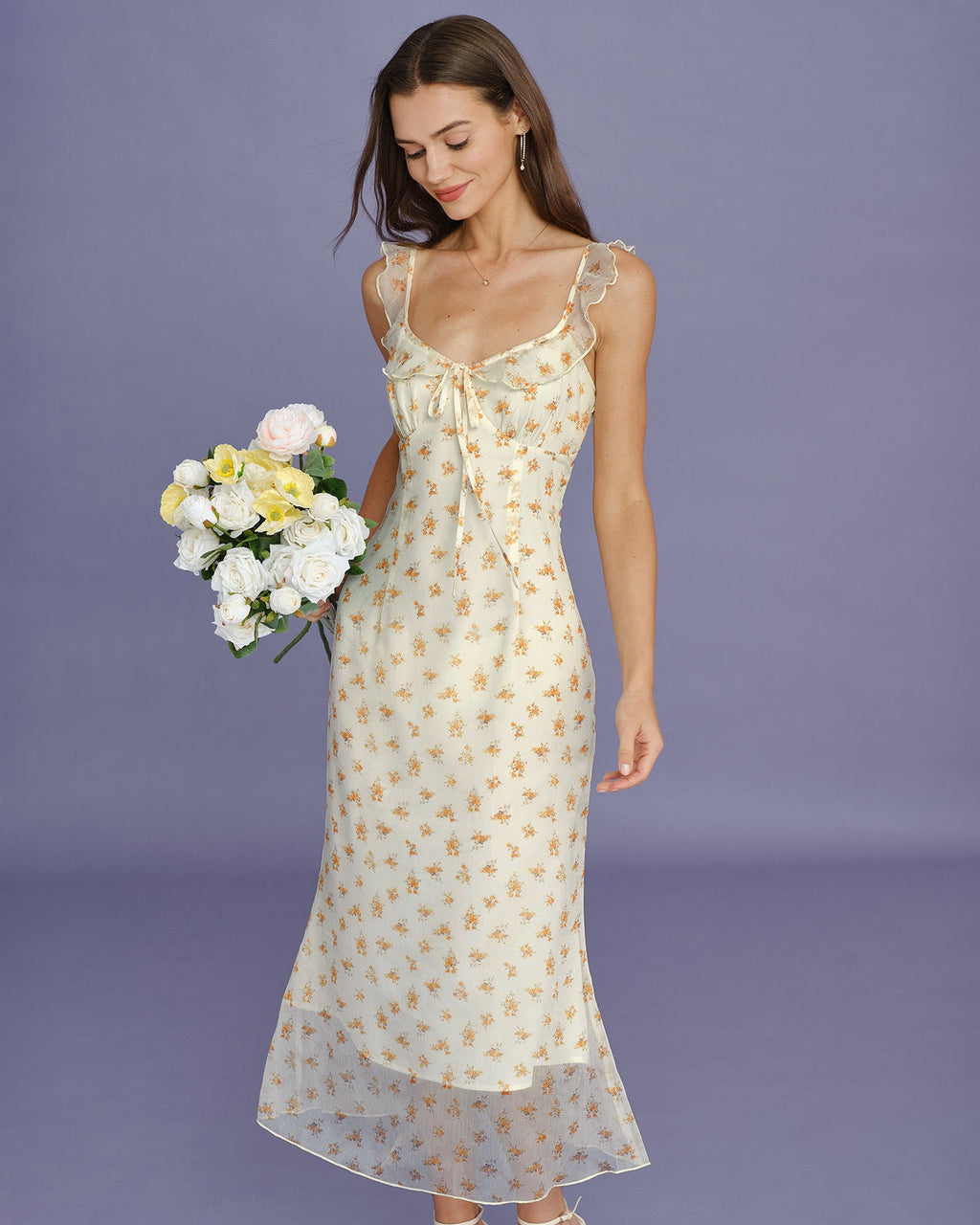 Apricot Floral Ruffle Slip Maxi Dress