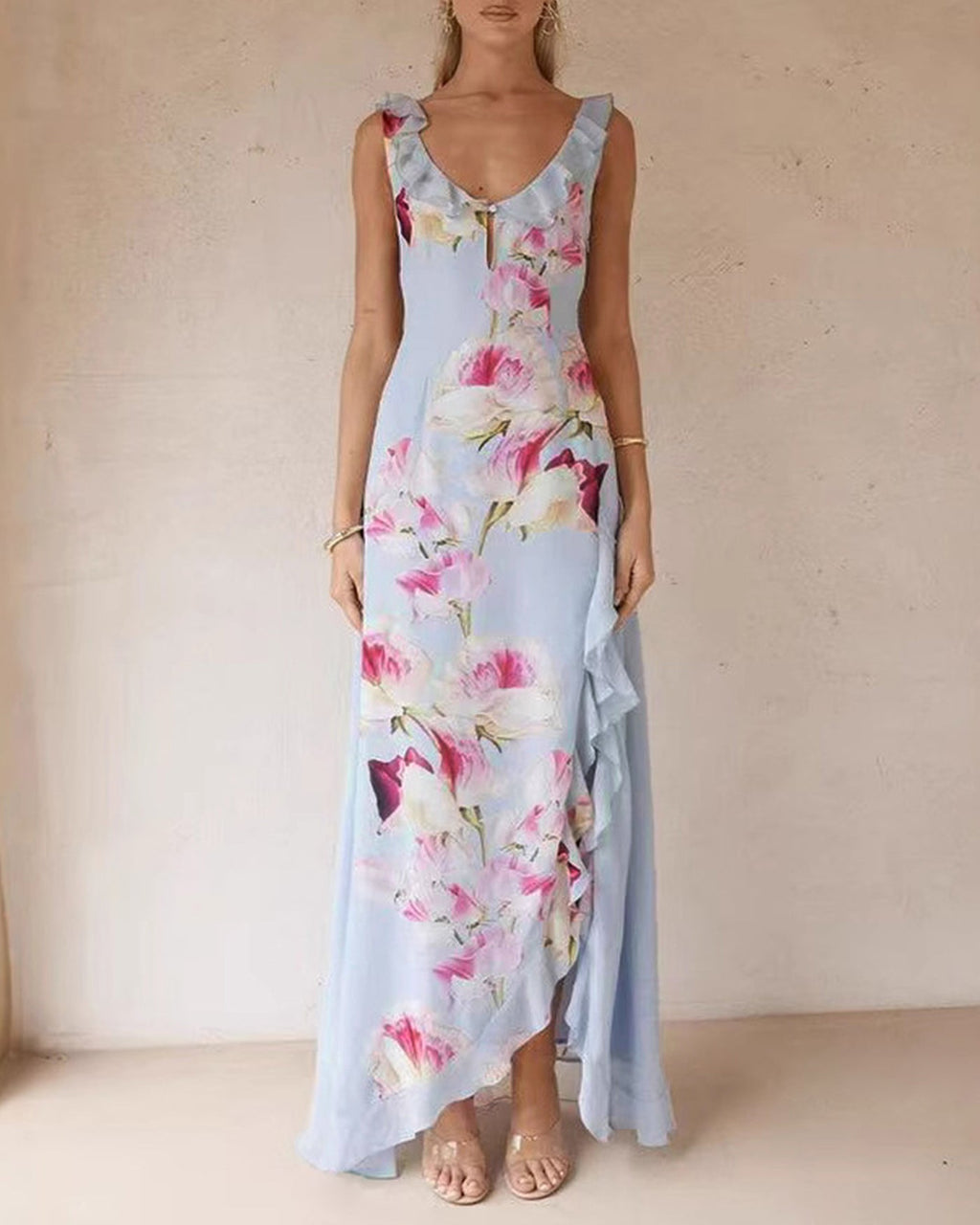 Blue V Neck Floral Ruffle Slip Maxi Dress