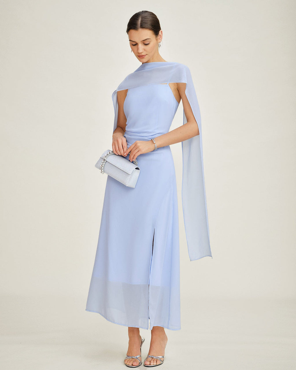 Blue Cowl Neck Strap Chiffon Maxi Dress