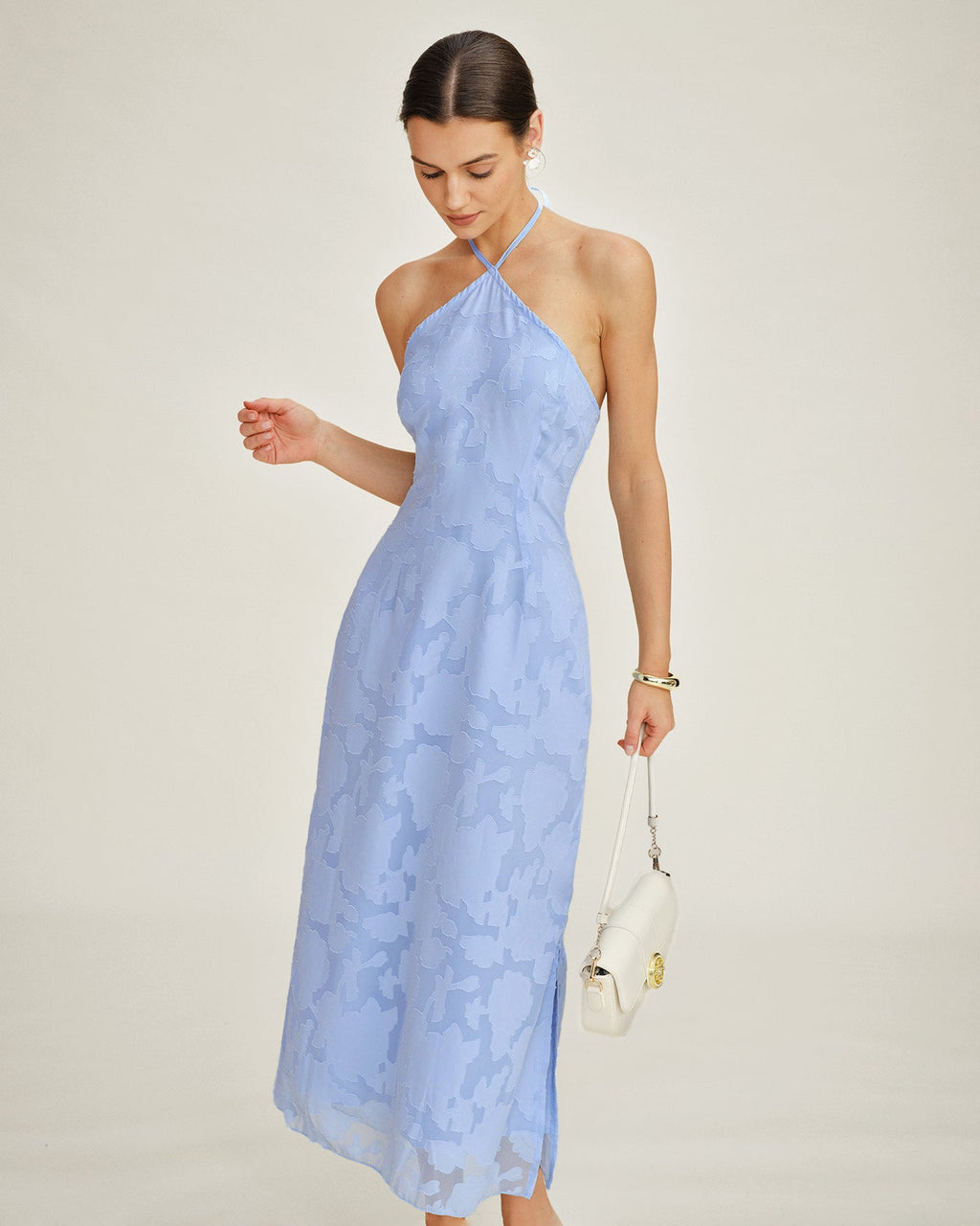 Blue Halter Jacquard Slip Maxi Dress