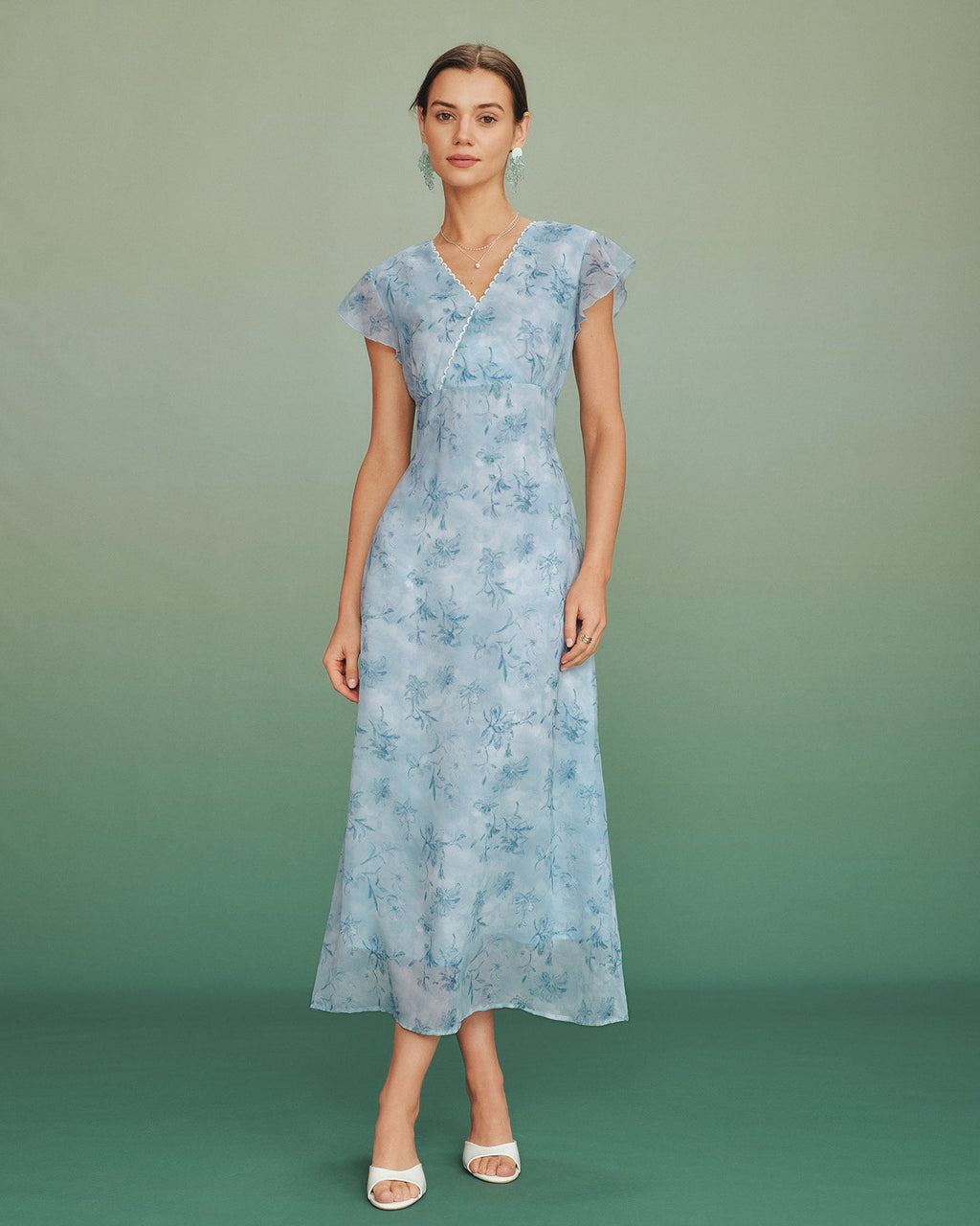 Blue V Neck Lace Floral Maxi Dress
