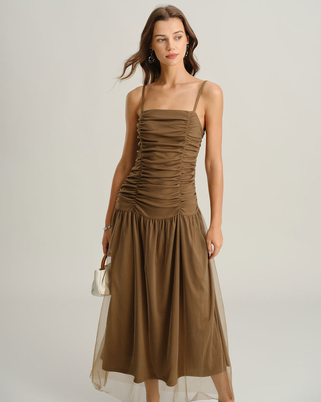 Brown Ruched Mesh Slip Maxi Dress