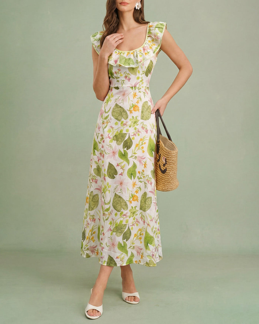 Green U Neck Plant Maxi Dress