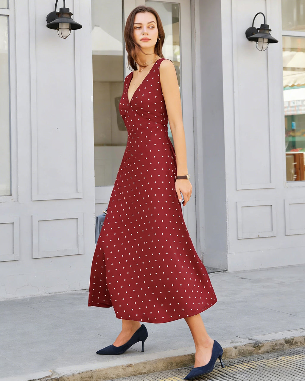 Wine Red Polka Dot Sleeveless Maxi Dress