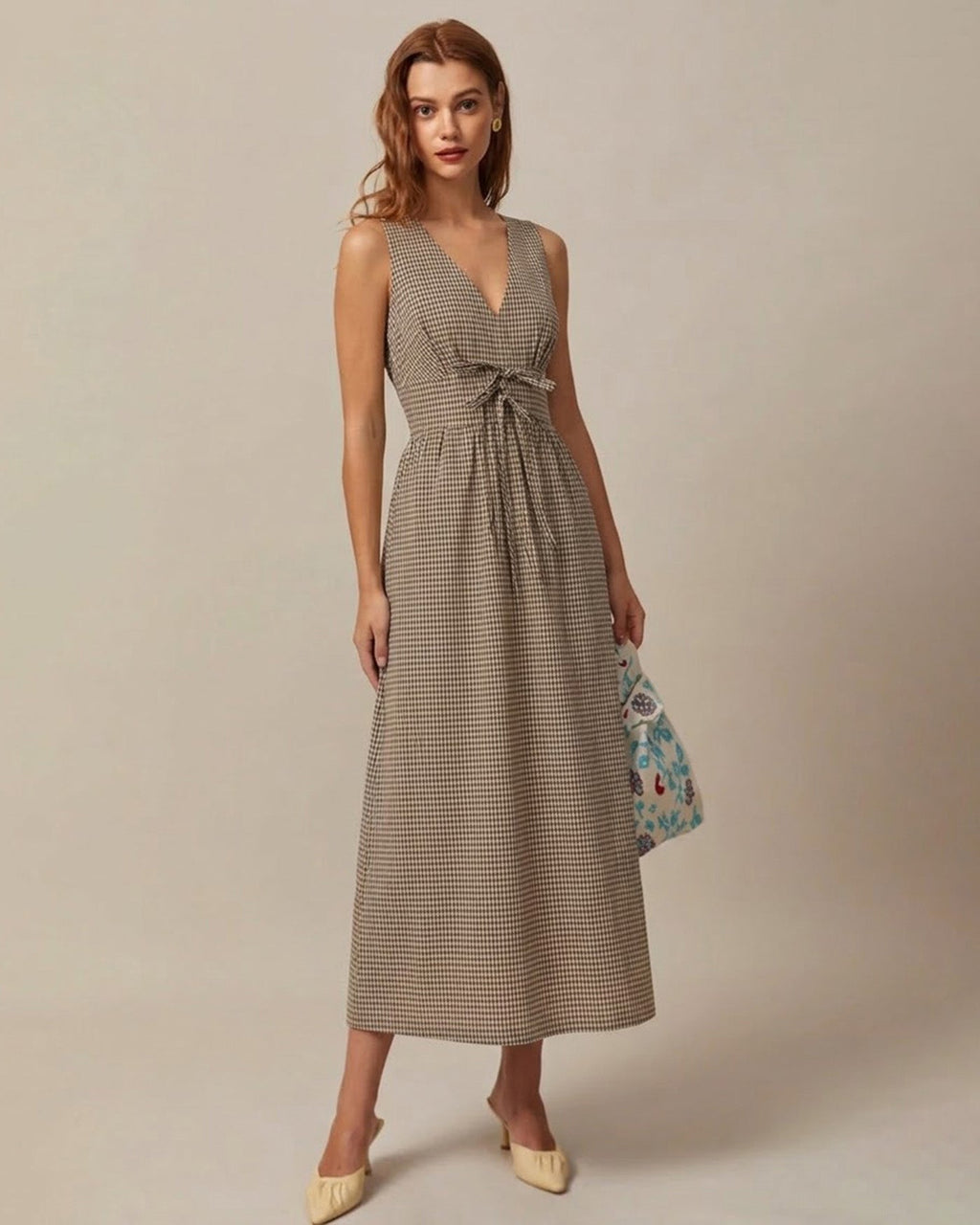 Brown V Neck Plaid Maxi Dress