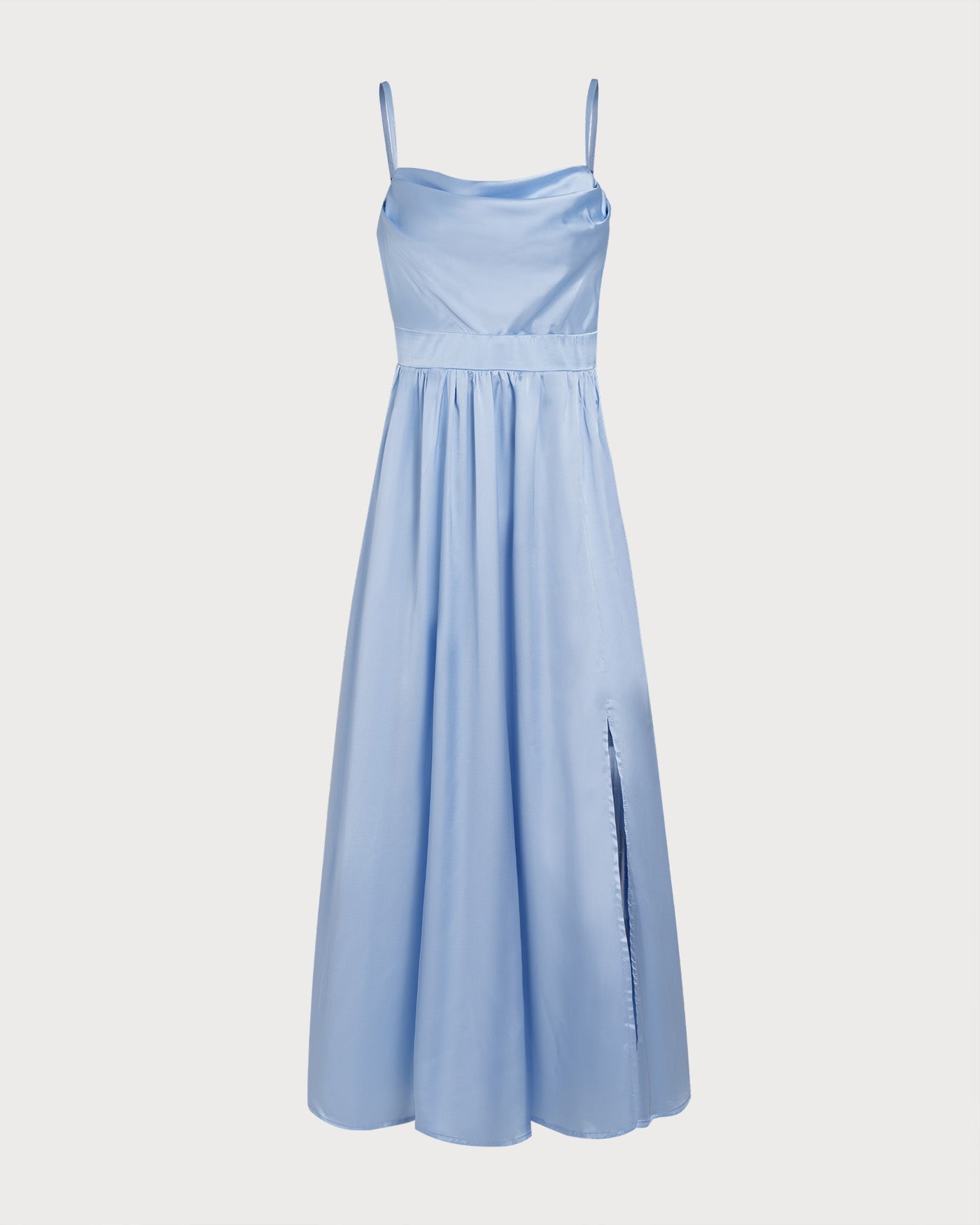 Blue Satin Ruched Slip Maxi Dress