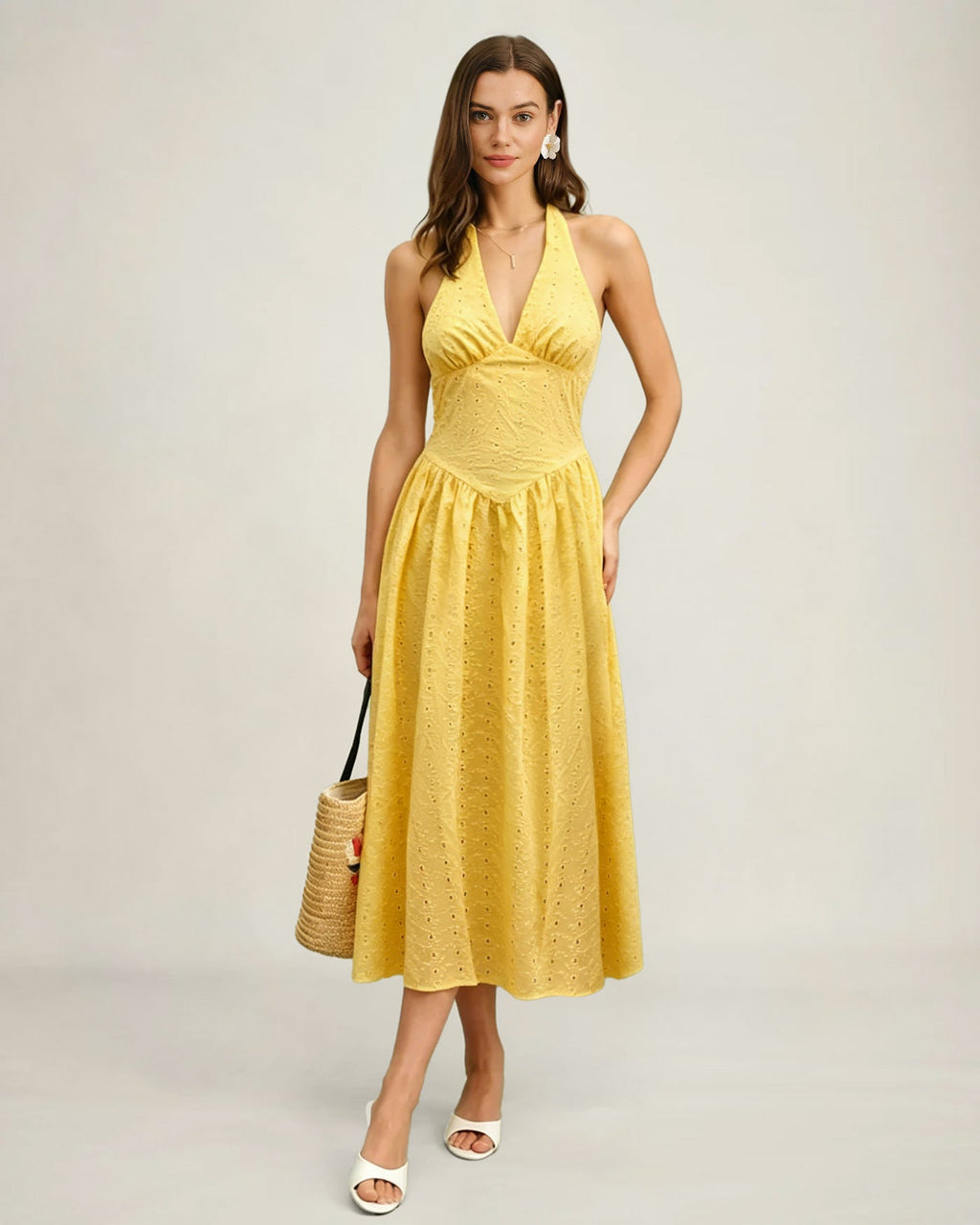 Yellow Halter Cut Out Textured Maxi Dress