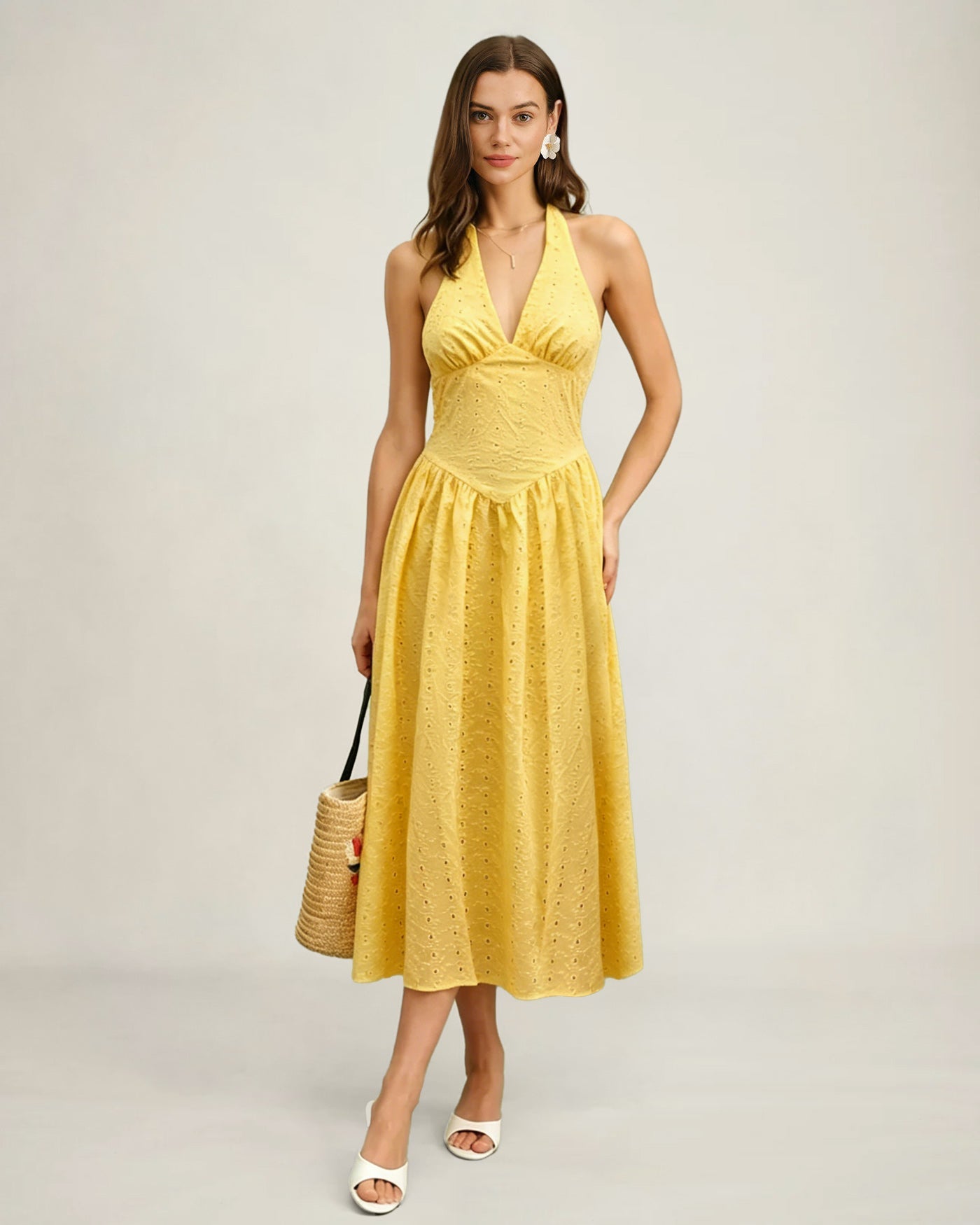 Yellow Halter Cut Out Textured Maxi Dress