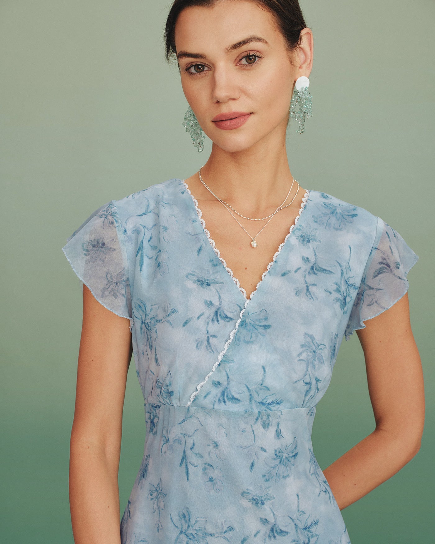 Blue V Neck Lace Floral Maxi Dress