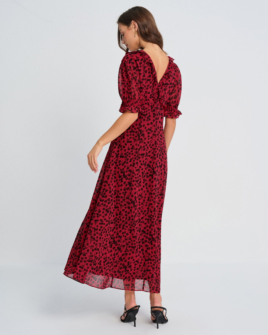 Red V Neck Floral Maxi Dress