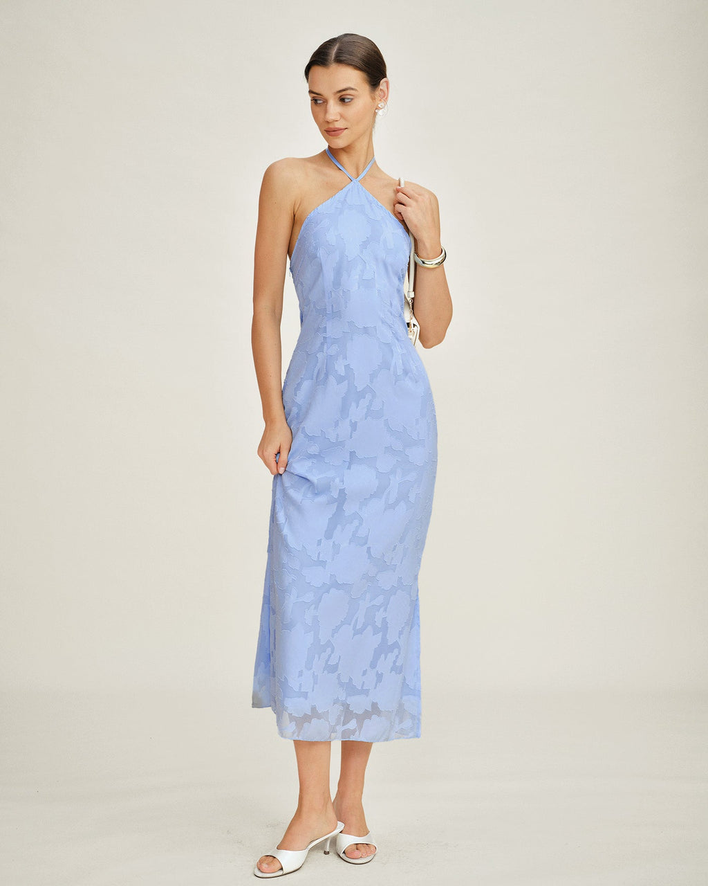 Blue Halter Jacquard Slip Maxi Dress