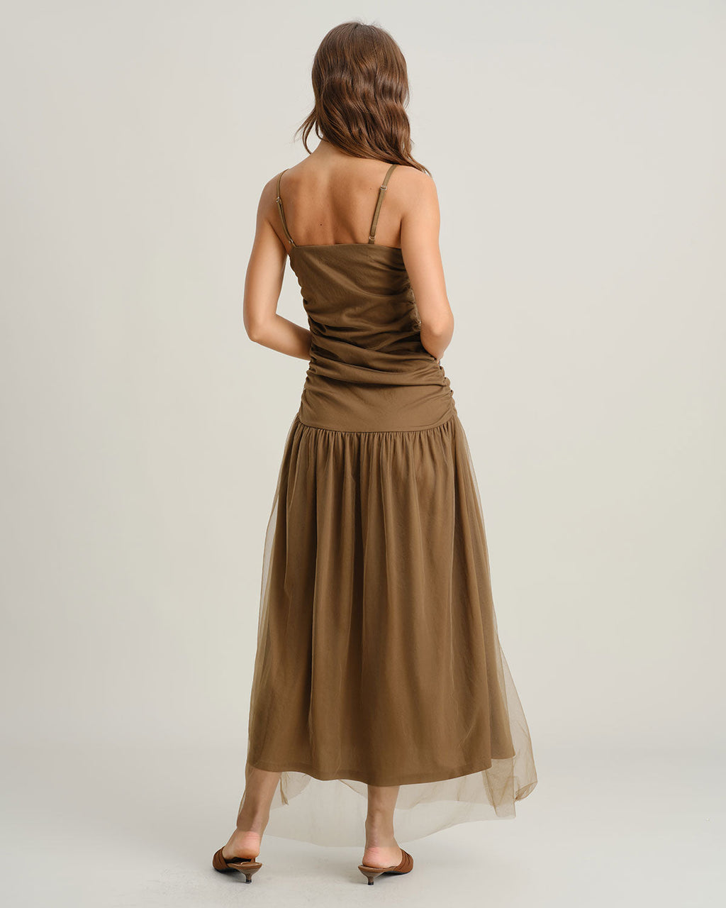 Brown Ruched Mesh Slip Maxi Dress