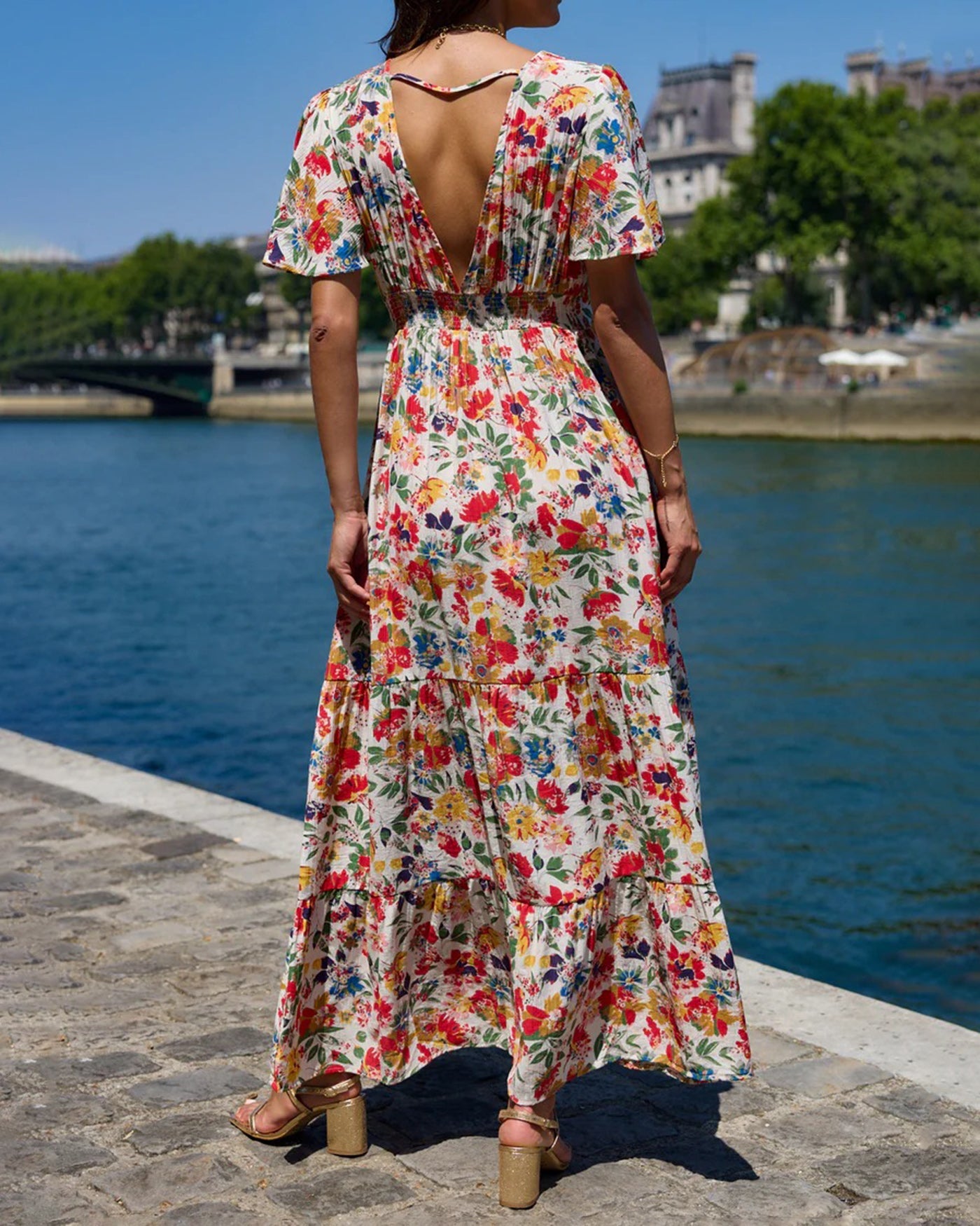 Floral V Neck Butterfly Sleeve Maxi Dress