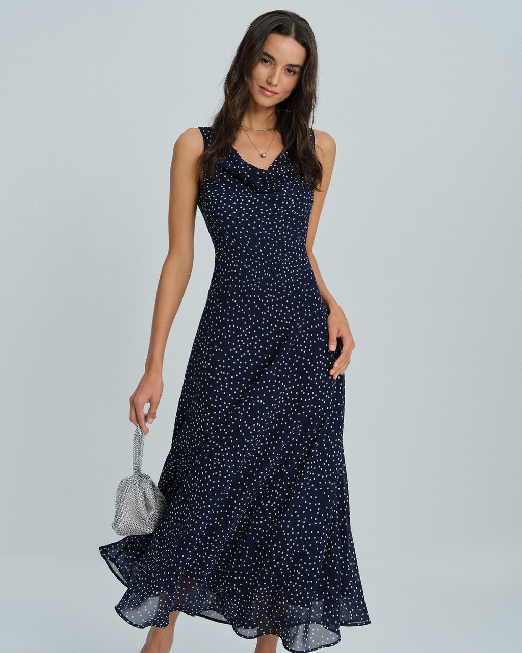Navy Cowl Neck Polka Dot Maxi Dress