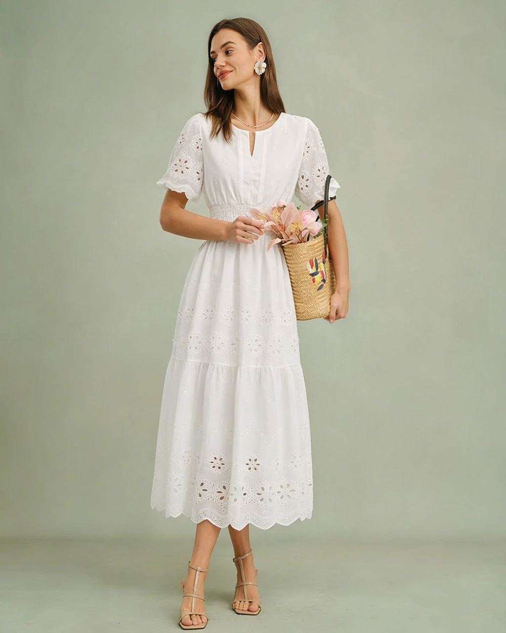White V Neck Floral Maxi Dress