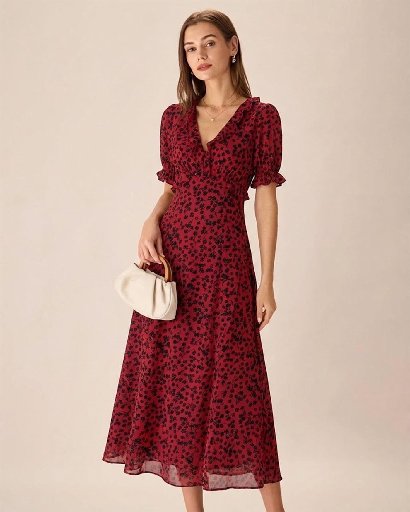 Red V Neck Floral Maxi Dress