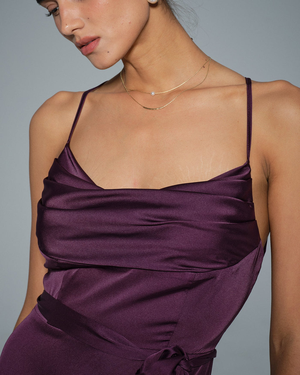 Purple Cowl Neck Satin Maxi Dress