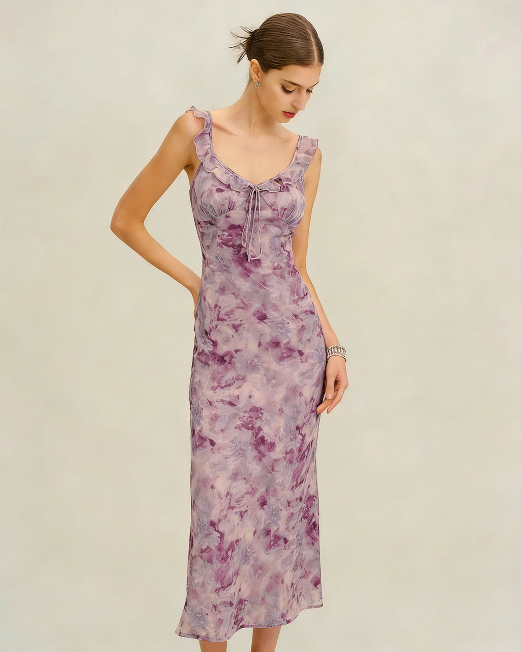 Purple Ruffle A-Line Slip Maxi Dress