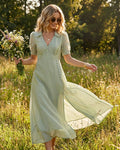 Green V Neck Button Maxi Dress