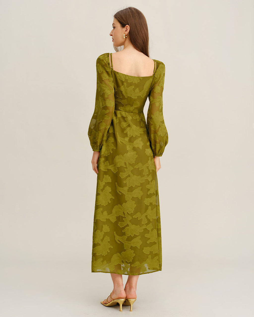 Green Floral Square Neck A-Line Maxi Dress