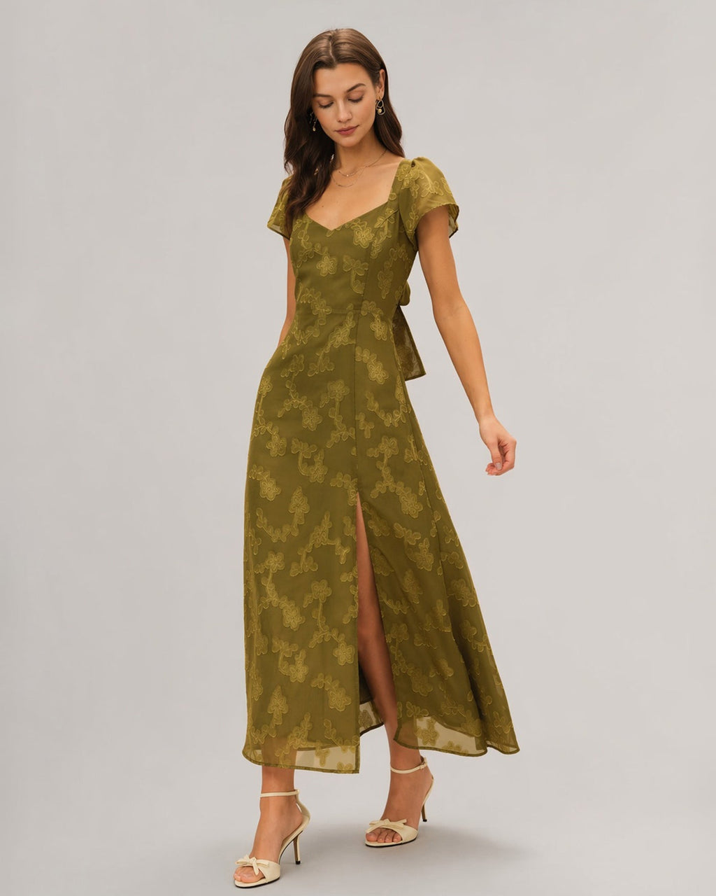Green Sweetheart Neck Jacquard Maxi Dress