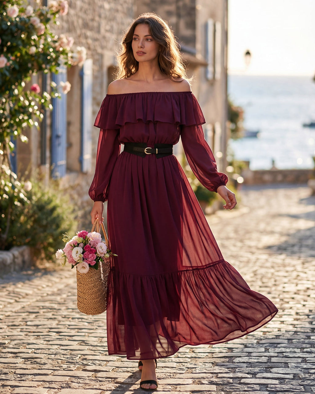 Wine Red Boat Neck Ruffle Maxi Dress