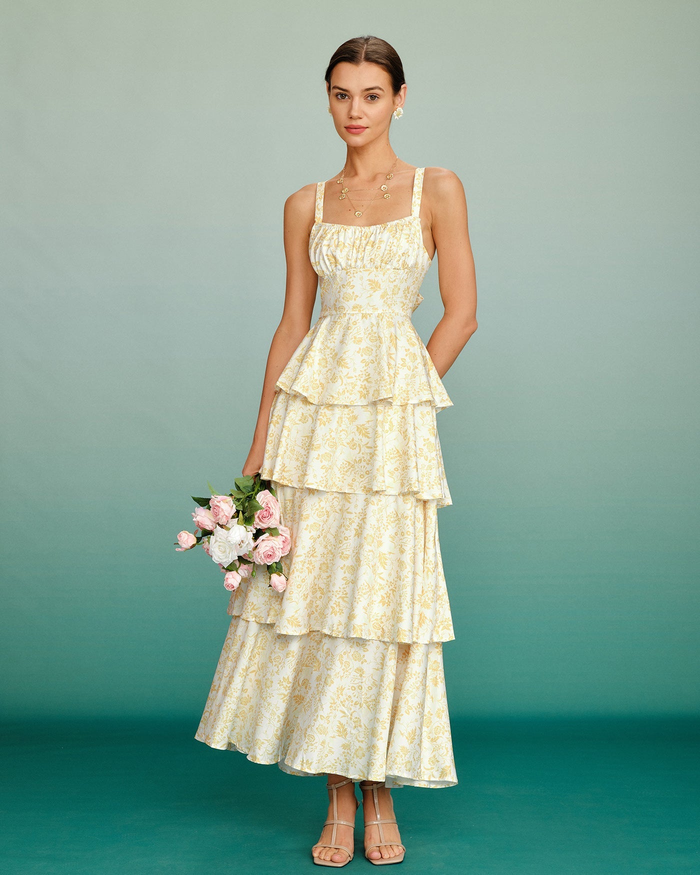 Yellow Floral Ruched Slip Maxi Dress
