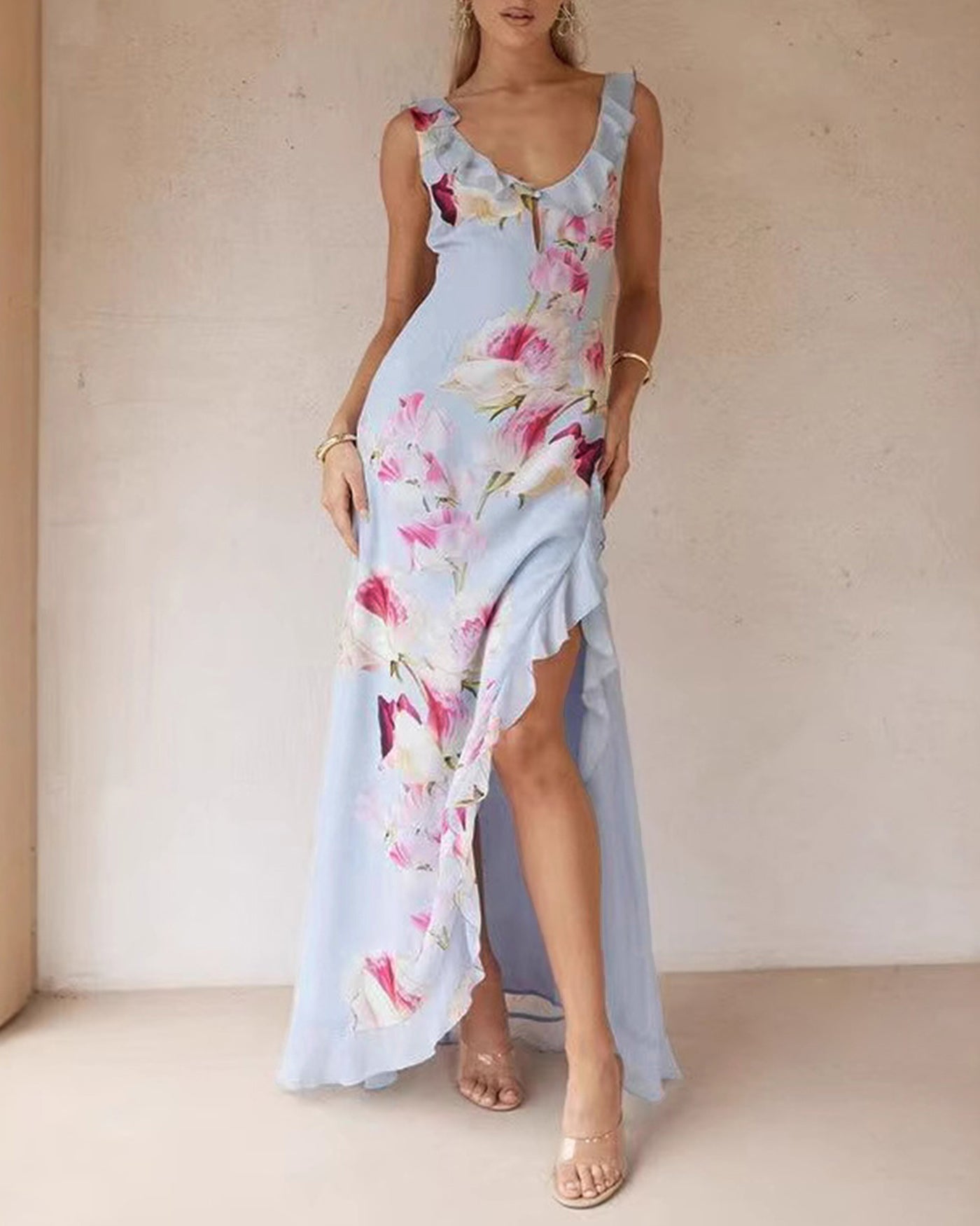 Blue V Neck Floral Ruffle Slip Maxi Dress