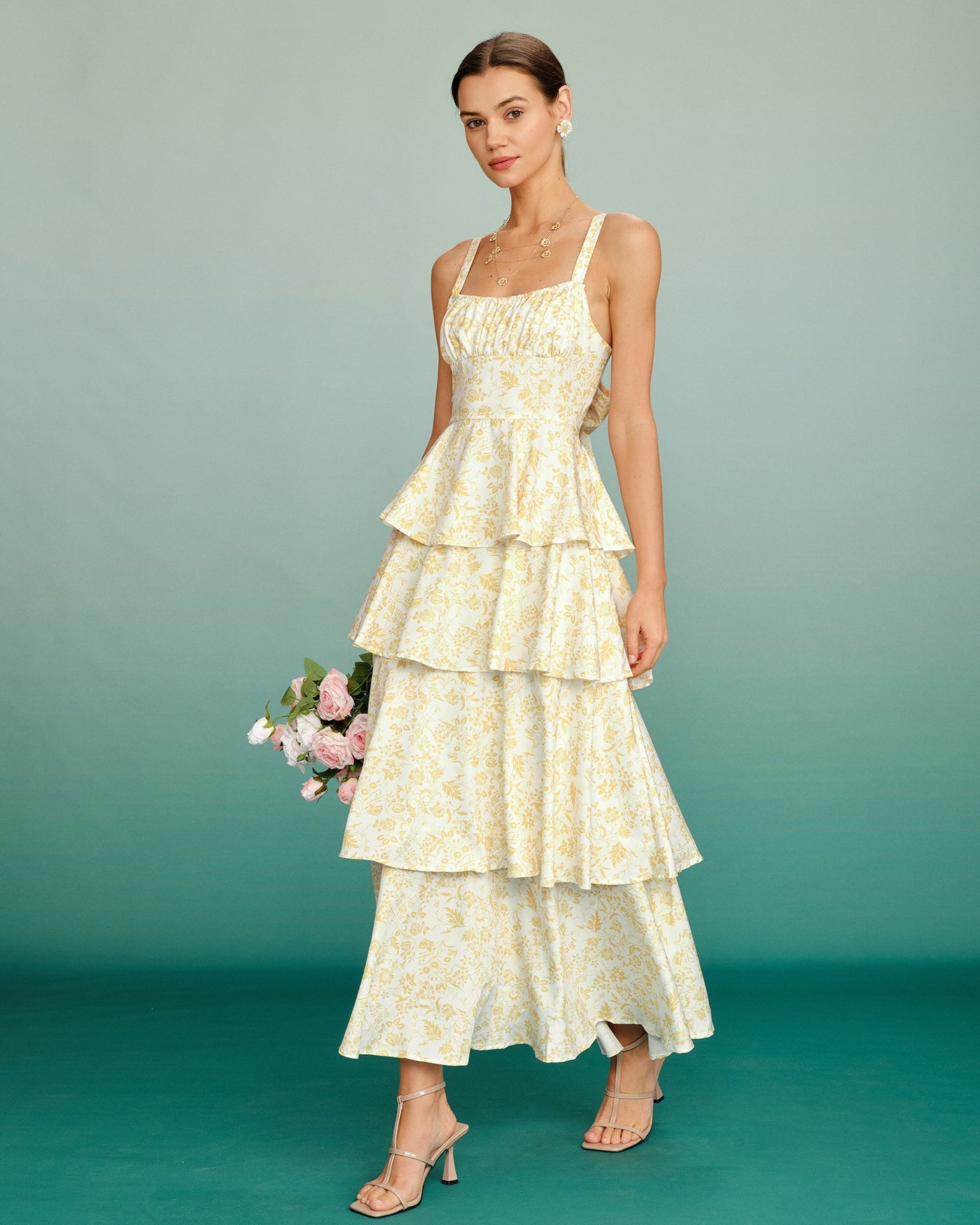 Yellow Floral Ruched Slip Maxi Dress