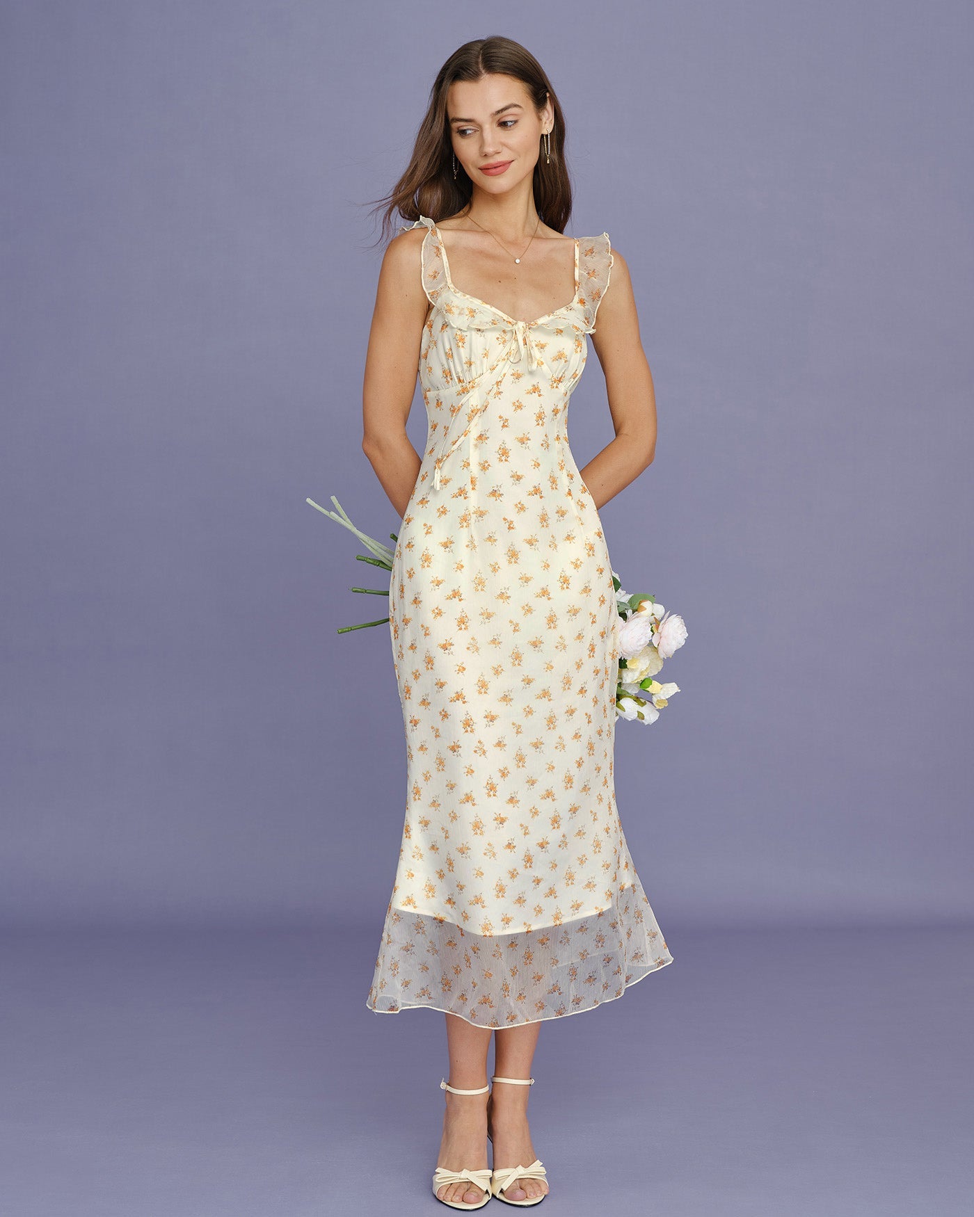 Apricot Floral Ruffle Slip Maxi Dress