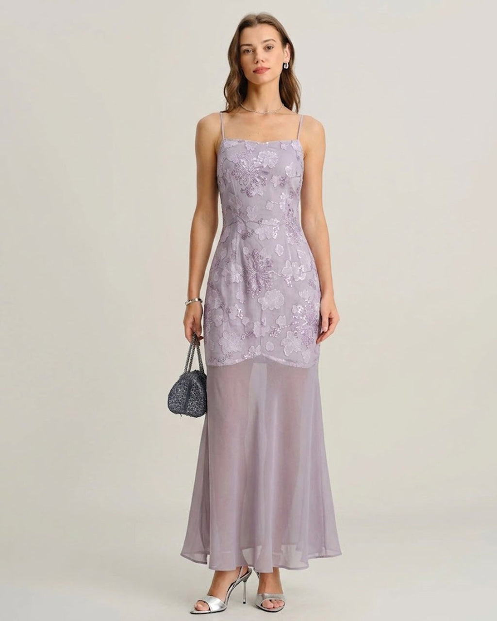 Purple Sequins Jacquard Slip Maxi Dress