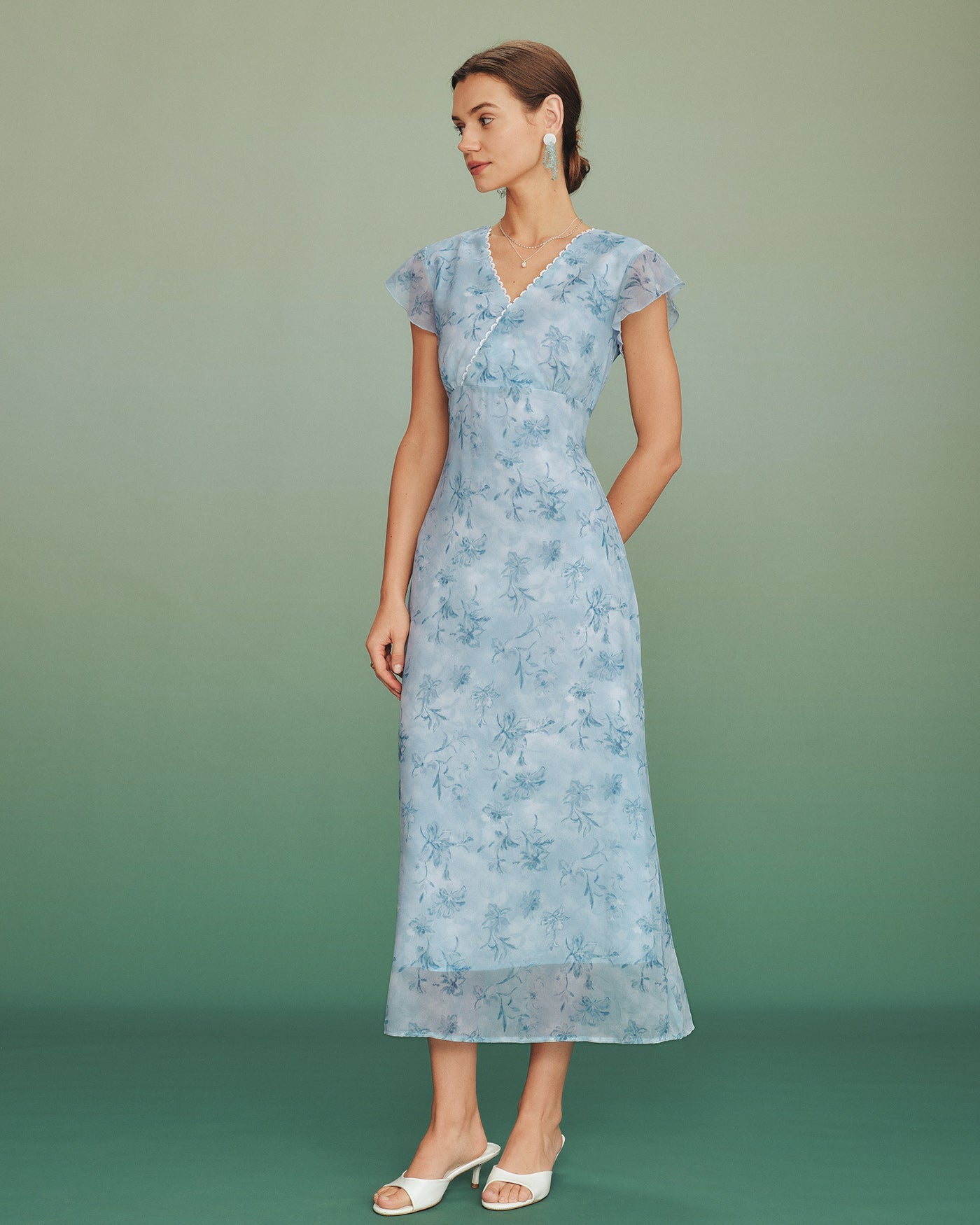 Blue V Neck Lace Floral Maxi Dress