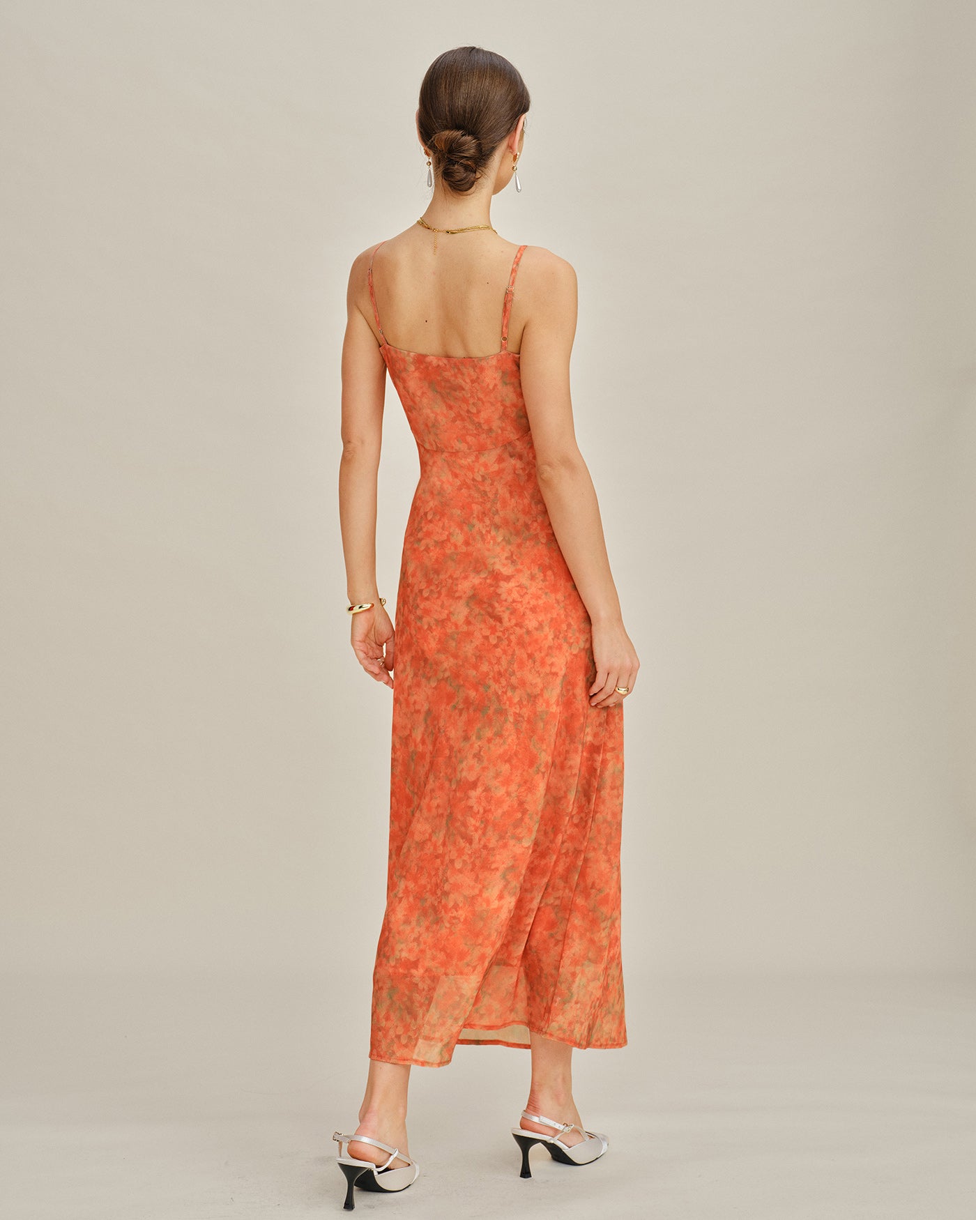Orange Floral A-Line Slip Maxi Dress
