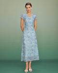 Blue V Neck Lace Floral Maxi Dress