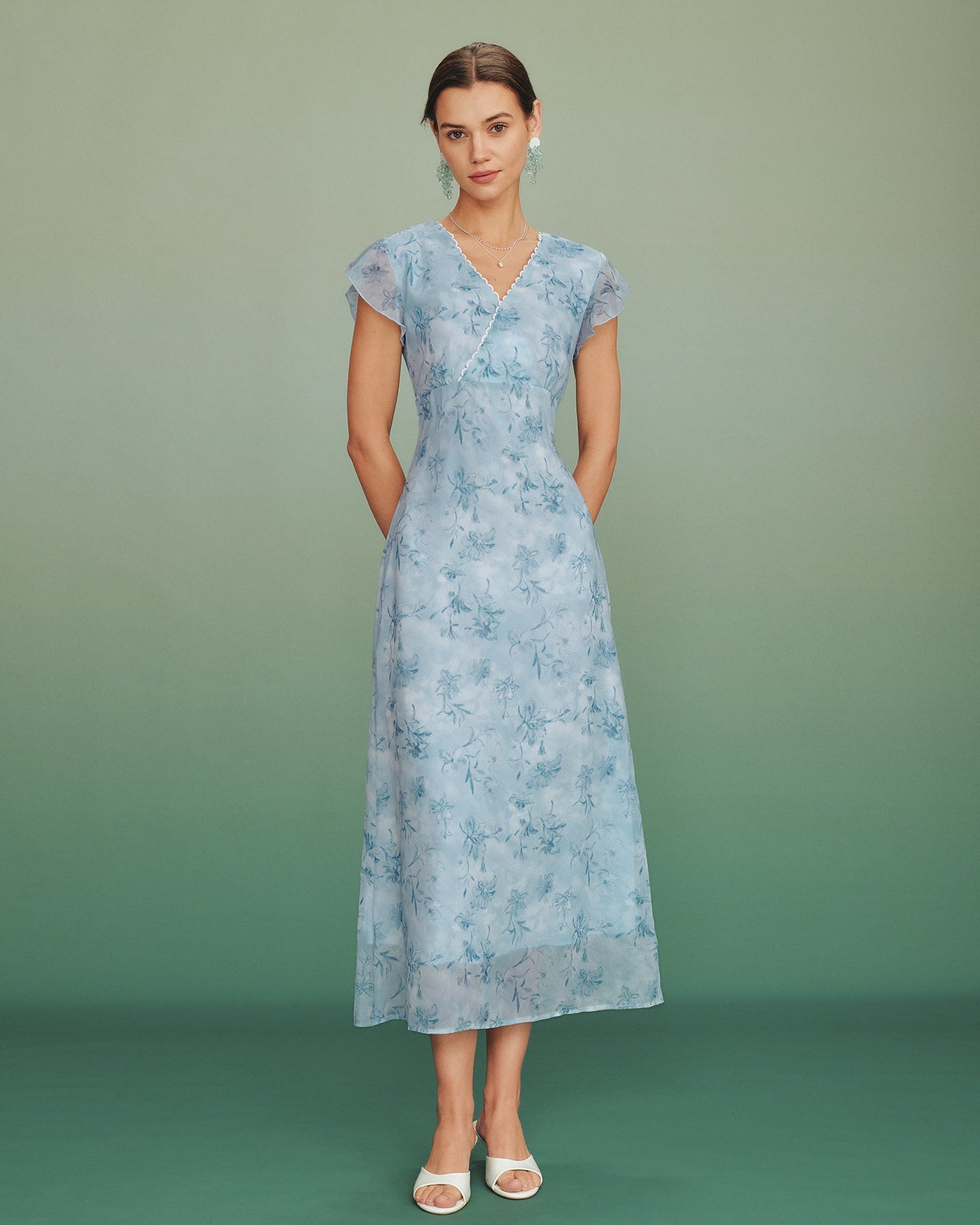 Blue V Neck Lace Floral Maxi Dress
