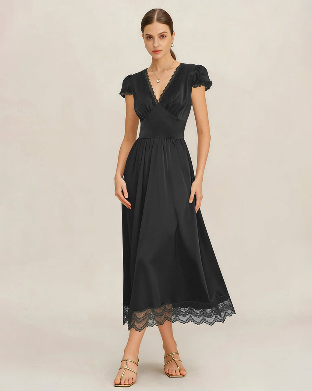 Black V Neck Lace Puffed Sleeve Maxi Dress