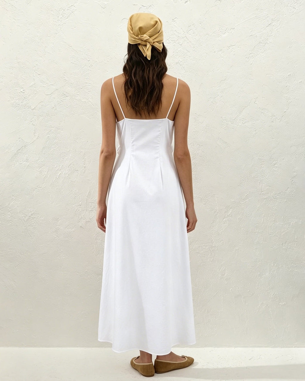 White Solid Ruched Slip Maxi Dress