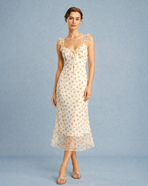Apricot Floral Ruffle Slip Maxi Dress