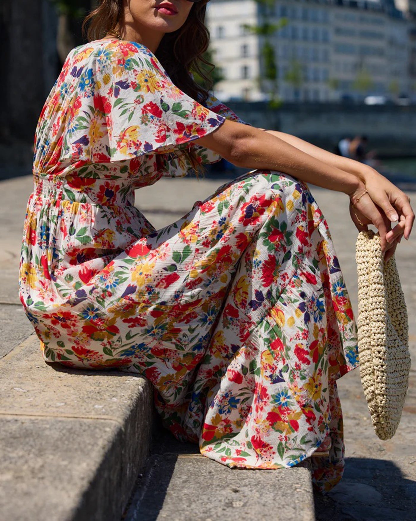Floral V Neck Butterfly Sleeve Maxi Dress