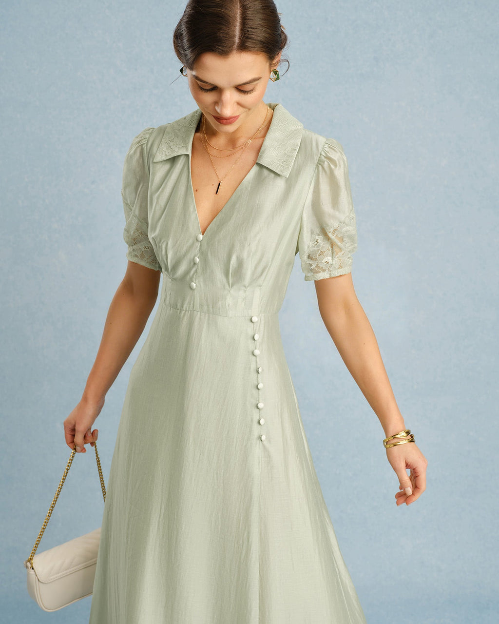 Green V Neck Button Maxi Dress
