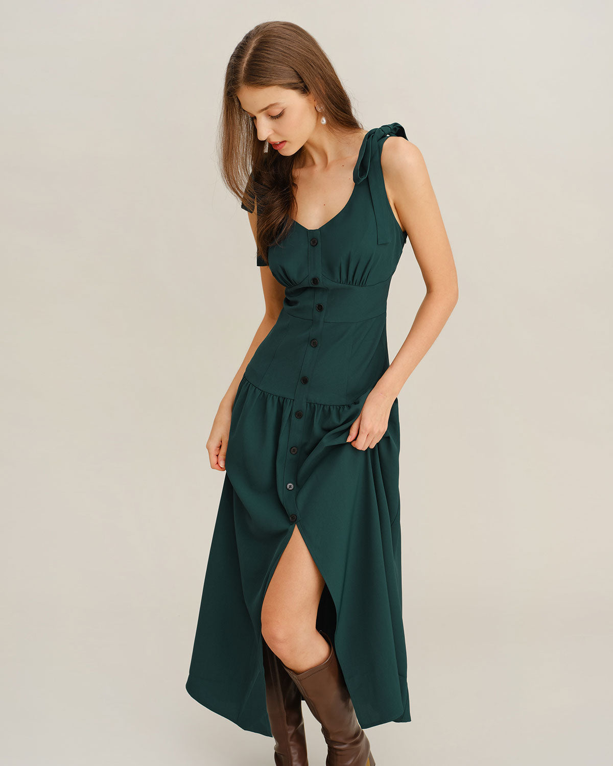 Green Ruched A-Line Sleeveless Maxi Dress