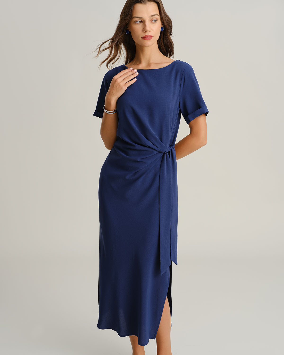 Blue Round Neck Short Sleeve Maxi Dress