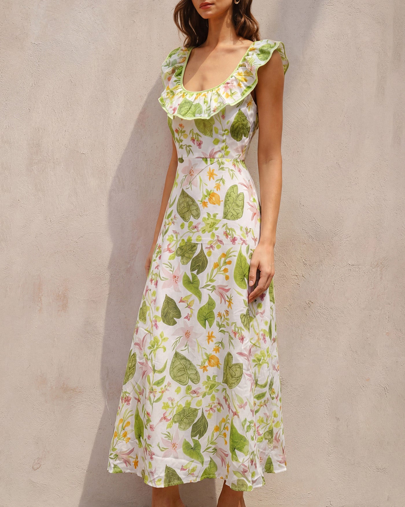 Green U Neck Plant Maxi Dress